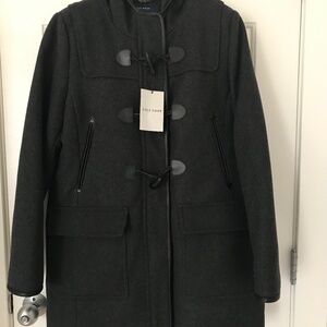New Cole Haan SZ 14 Charcoal Wool Duffle Coat with Hood and Leather Trims